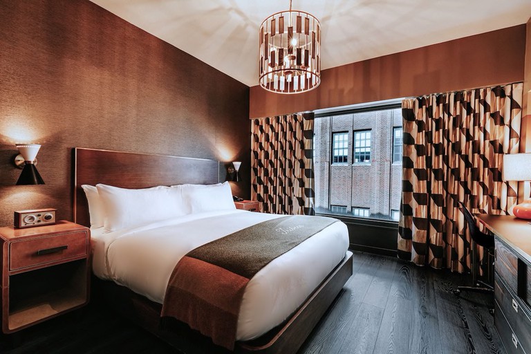 A luxurious hotel room at The Roxy Hotel, Tribeca.